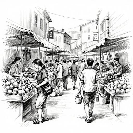 Black-and-white ink drawing of a bustling outdoor market with various people shopping, vendors selling fruits and vegetables, under shaded stalls.
