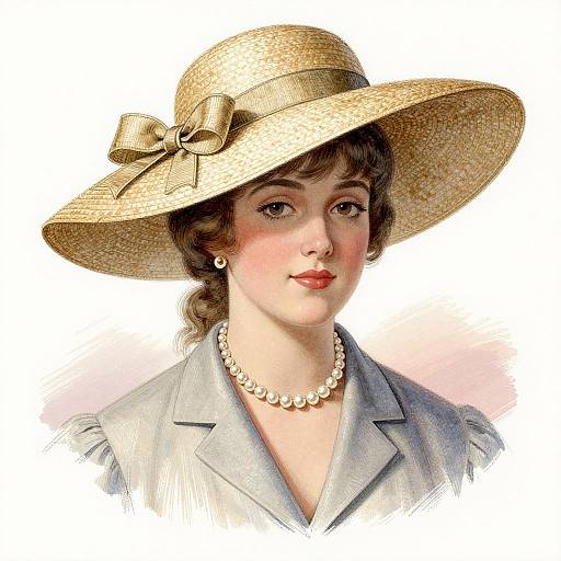 Vintage-style digital illustration of a fair-skinned woman with red lipstick, wearing a straw hat with a bow, pearl necklace, and gray blouse.