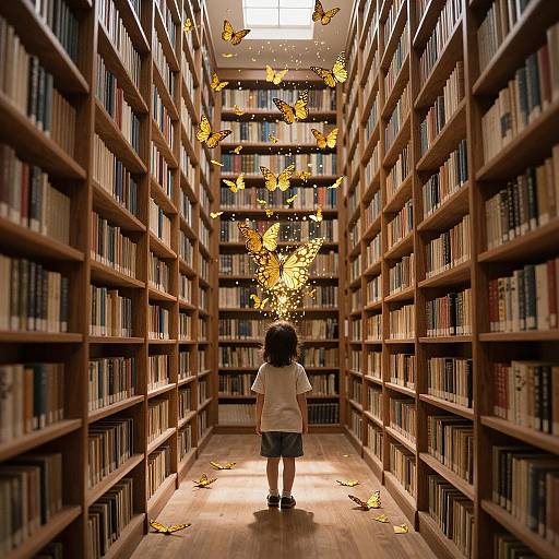 Photograph of a child with short brown hair, white shirt, and blue skirt, standing in a library aisle, surrounded by floating golden butterflies.