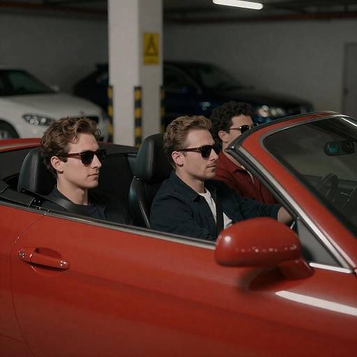 Three Men in Red Convertible Garage
