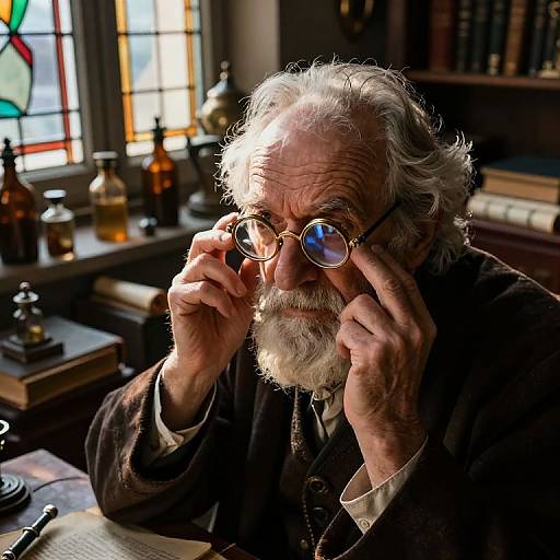 Photograph of an elderly man with white hair and beard, adjusting round glasses in a dimly lit, vintage study with stained glass window and amber bottles