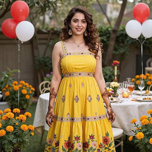 Photograph of a smiling woman with curly brown hair, wearing a yellow floral dress, floral gloves, and earrings, standing in a garden with red and