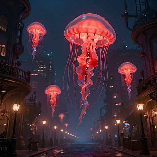 Digital art of glowing pink jellyfish floating in a dark, neon-lit, futuristic street with ornate lampposts and buildings.