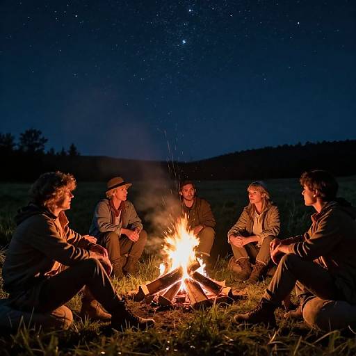 Photograph of five friends sitting around a glowing campfire under a starry night sky, wearing casual clothes, with trees and grass in the background.