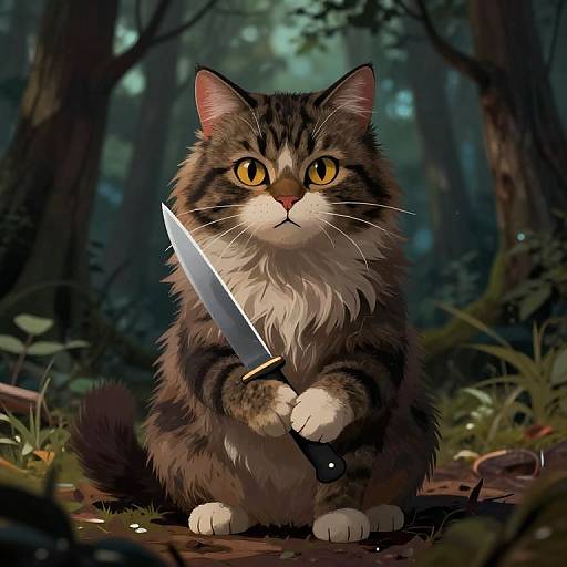 Scary Tabby Cat with Knife