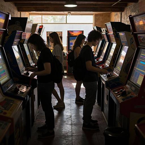Photograph of four young people in silhouette, playing arcade machines in a dimly lit, narrow arcade hallway with brightly lit screens.