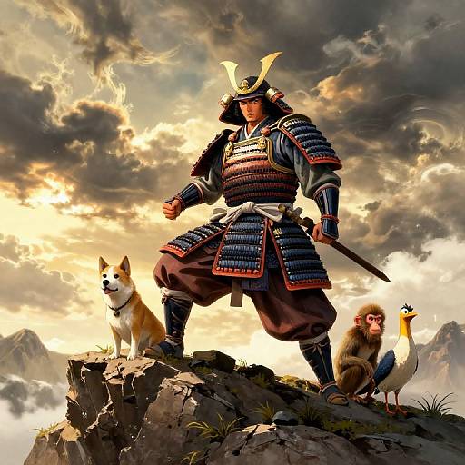 Digital art: Samurai warrior in detailed armor with horned helmet, standing on rocky cliff, surrounded by dog, monkey, and bird, under dramatic cloudy