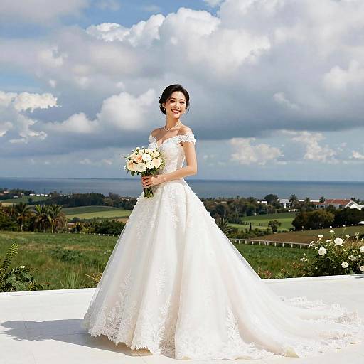 Photograph of a smiling Asian bride in a white lace wedding dress, holding a bouquet of white and pink flowers, standing on a white balcony with a