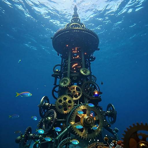 Photograph of an underwater steampunk tower with gears, lights, and colorful fish, illuminated by sunlight filtering through the water.