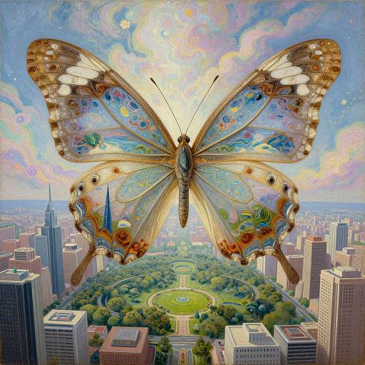 Digital artwork: Giant, colorful butterfly with intricate patterns hovers over a cityscape, featuring a vibrant park and skyscrapers below.
