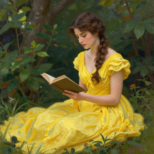 A fair-skinned woman with a long, dark braid reads a book in a lush forest, wearing a vibrant yellow, Victorian-style dress. Digital