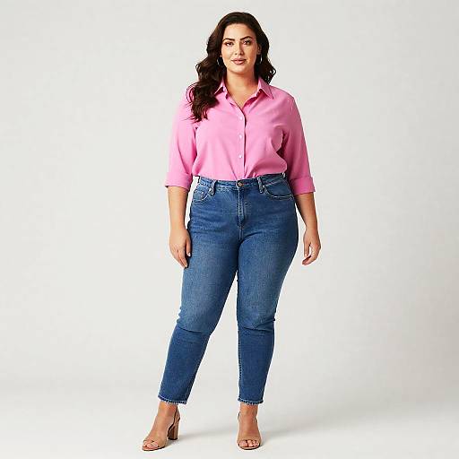 Photograph of a plus-sized woman with long dark hair, wearing a pink button-up shirt, high-waisted blue jeans, and beige open-to