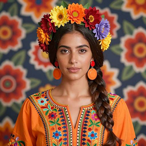 Woman in Floral Headdress and Embroidered Dress