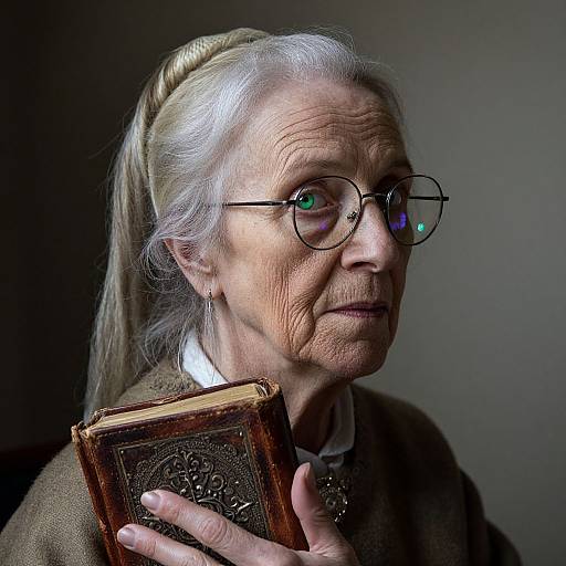 Photograph of an elderly woman with white hair, glasses, and wrinkles, holding an ornate, brown leather book against a dark background.