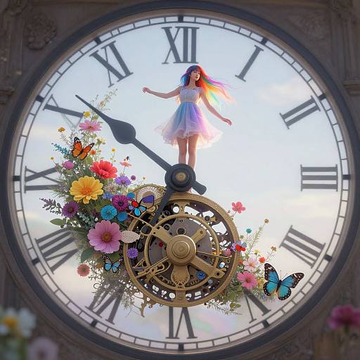 Digital art: A colorful, flower-adorned clock with Roman numerals, featuring a rainbow-haired girl in a white dress standing on the clock hands