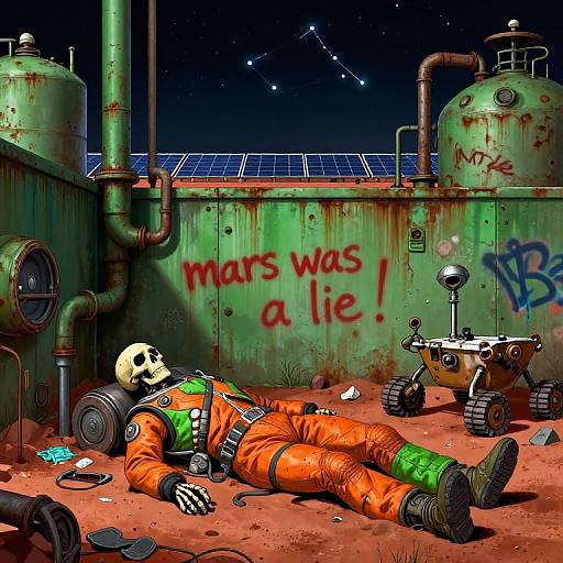 Digital artwork of a skeleton astronaut in an orange spacesuit, lying on red dirt beside a graffiti-covered industrial wall, with a small robot and night sky