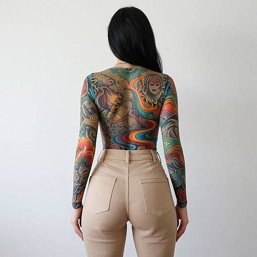 Photograph of a woman with long black hair, back facing, wearing a colorful, full-sleeve tattooed top and beige high-waisted
