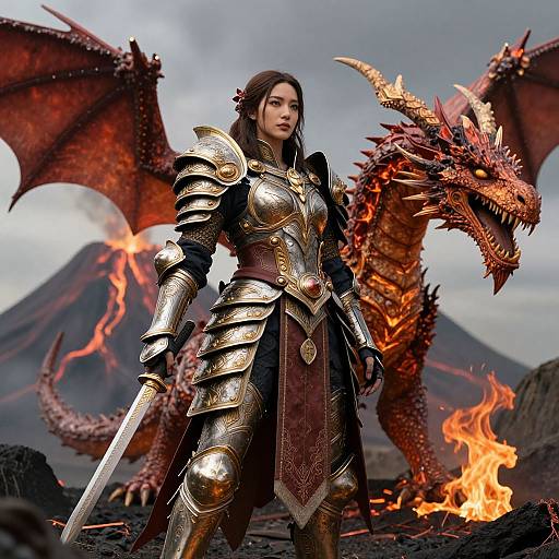 Digital artwork of a fierce, armored woman with brown hair standing beside a fiery red dragon in a volcanic landscape.