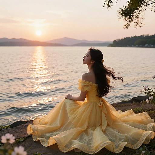 Photograph of a woman with long dark hair in a flowing yellow off-shoulder gown, sitting on a rocky lakeshore at sunset, g
