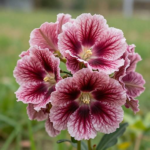 Close-up photograph of vibrant pink and white, marbled, star-shaped flowers with dark red centers, set against a blurred green garden background.
