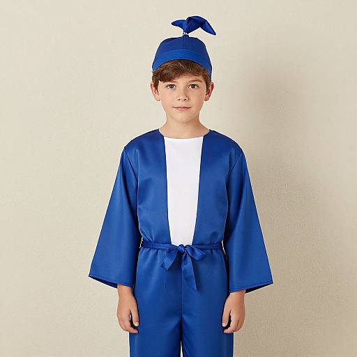 Photograph of a young boy with brown hair, wearing a blue satin graduation outfit and matching cap, standing against a plain white background.
