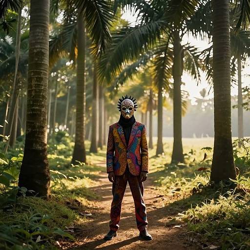Vibrant Masked Figure in Enchanted Forest