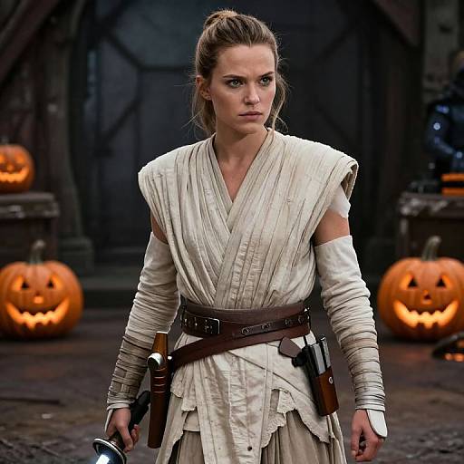 Photograph of a serious-looking woman in a white Jedi-like outfit, holding a blaster, with two glowing Jack-o'-lanterns in the