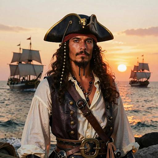 Photograph of a rugged pirate with long hair, beard, and tricorn hat, wearing a white shirt and brown vest, standing on a rocky shore