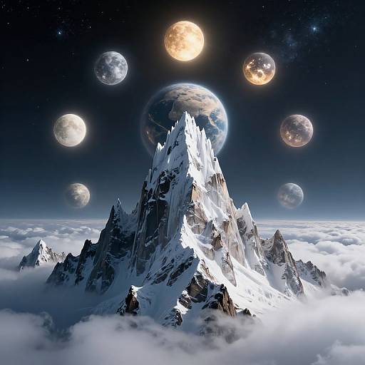 Digital artwork: Snowy, jagged mountain peak surrounded by clouds, with five glowing planets in a starry night sky above.