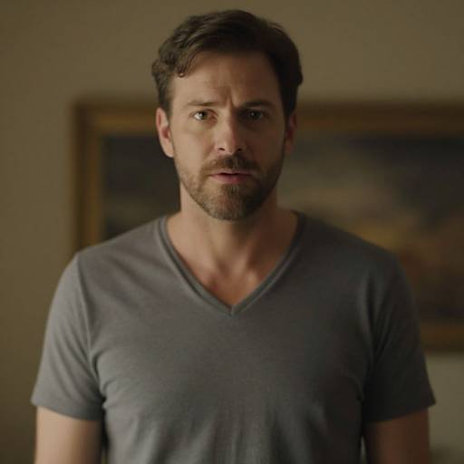 Photograph of a serious-looking, bearded white man with short brown hair, wearing a gray V-neck t-shirt, against a blurred beige wall with