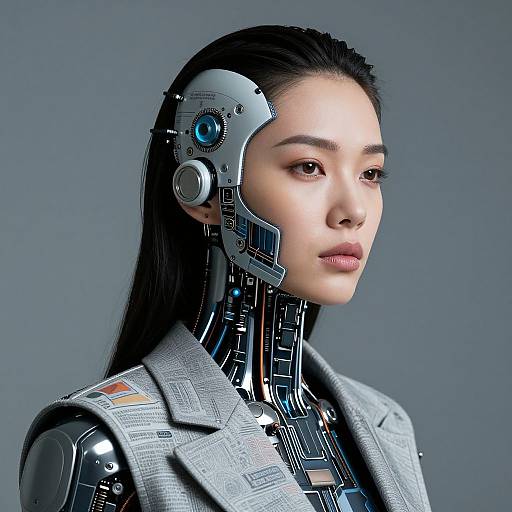 Photorealistic CGI of an Asian woman with cybernetic enhancements, including a metallic, blue-lit earpiece and robotic neck, wearing a grey