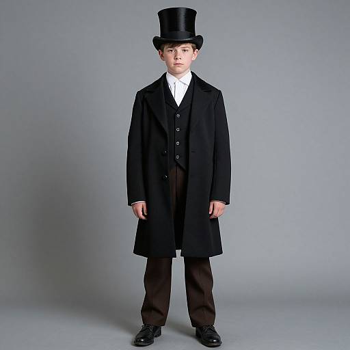 Photograph of a young boy in Victorian attire: black top hat, long black overcoat, white shirt, black waistcoat, brown trousers, black