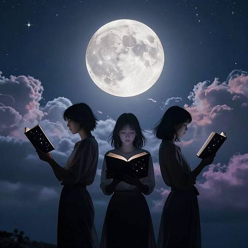 Three silhouetted Asian women in dark dresses read books under a bright full moon and starry night sky with pink clouds.
