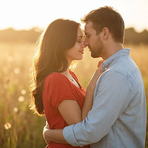 Photograph of a couple in a sunlit field, with the woman in a red shirt and the man in a blue shirt, gently touching foreheads