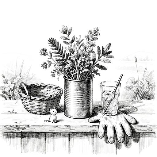 Whimsical Black-and-White Herb Still Life