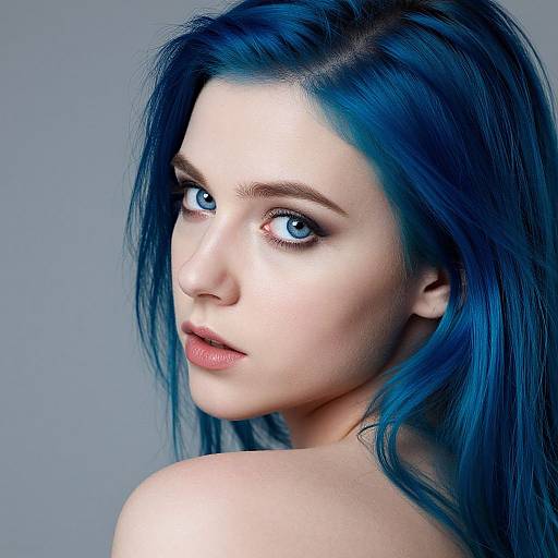 Photograph of a fair-skinned woman with striking blue hair and eyes, looking over her shoulder, against a plain gray background.