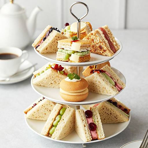 Photograph of a three-tiered white stand holding assorted sandwiches with fillings like cucumber, ham, and cheese, topped with a small macaron.