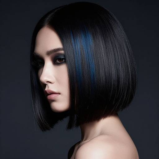 Photograph of a pale-skinned woman with a sleek, black bob haircut with blue highlights, dark eye makeup, and bare shoulders, set against a