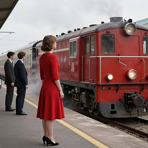 Woman in Red Dress at Train Platform