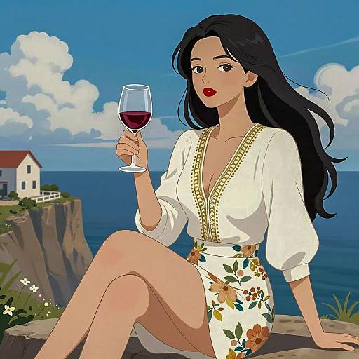 Elegant Woman on Cliff with Wine
