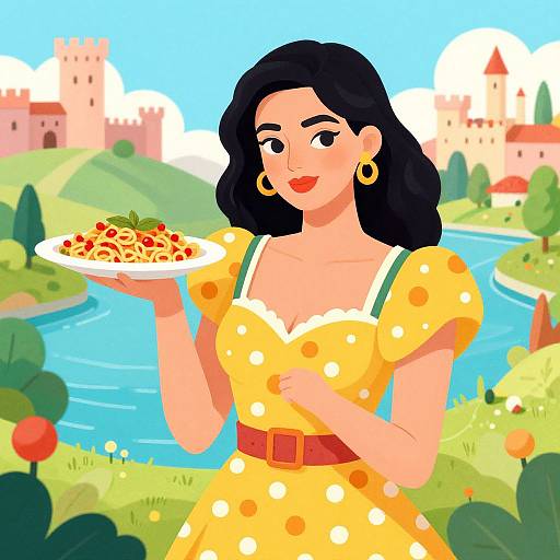 Cartoon-style illustration of a smiling woman with black hair, yellow polka-dot dress, gold earrings, holding a plate of spaghetti, against a colorful