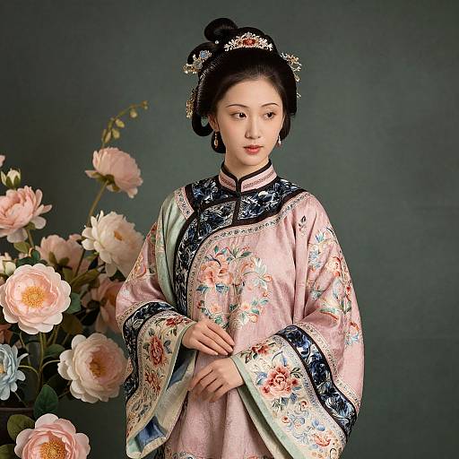 Photograph of an elegant East Asian woman in a pink, floral-patterned traditional kimono, adorned with intricate embroidery, standing against a dark background with