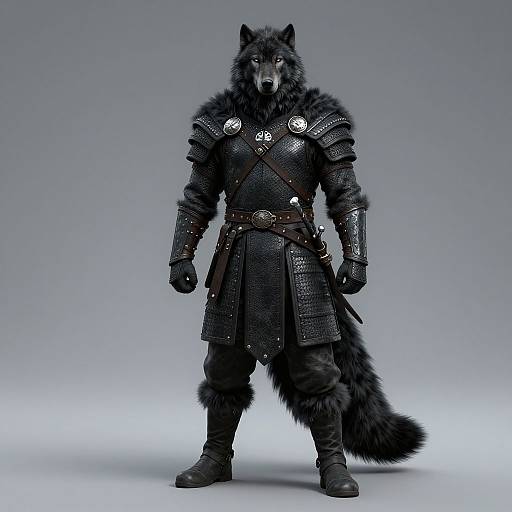 CGI image of a muscular anthropomorphic black wolf in medieval armor, standing confidently with a fierce expression, against a gradient blue background.