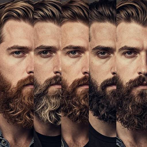 Photograph of a Caucasian man with a full, wavy brown beard and dark brown hair, shown in five identical close-up profiles, highlighting his serious