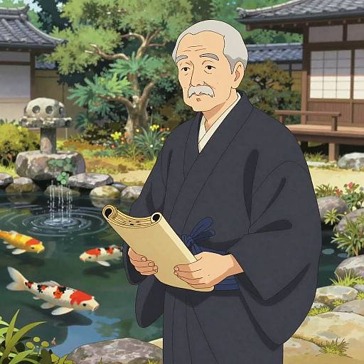 Digital anime-style illustration of an elderly Japanese man with white hair, in a dark kimono, holding a scroll by a serene garden pond with koi