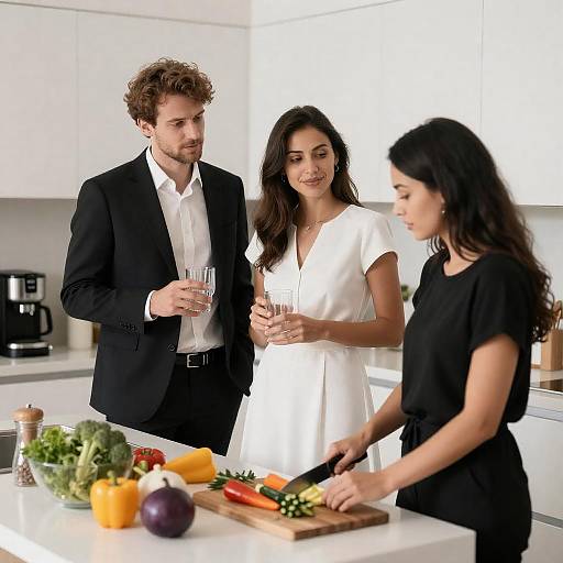 Three People Socializing in Modern Kitchen