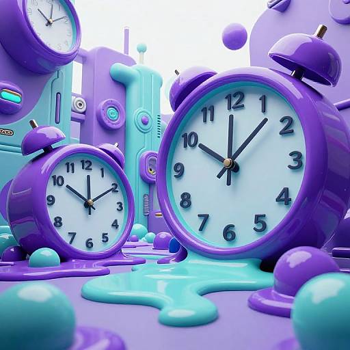 Photograph of three vibrant, purple and turquoise, retro-style alarm clocks with black hands and numbers, surrounded by colorful, goo-like spheres. Bright,