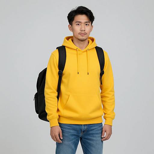 Photograph of an Asian man with short black hair, wearing a bright yellow hoodie, blue jeans, and a black backpack, standing against a plain white