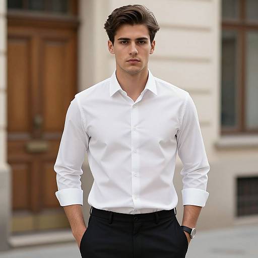 Photograph of a handsome young man with dark hair, wearing a crisp white shirt, black pants, and a watch, standing in front of a blurred