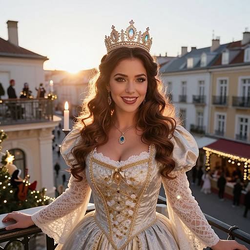 Photograph of a smiling woman with long brown hair, wearing a detailed white and gold Renaissance-style dress, crown, and necklace, standing on a balcony